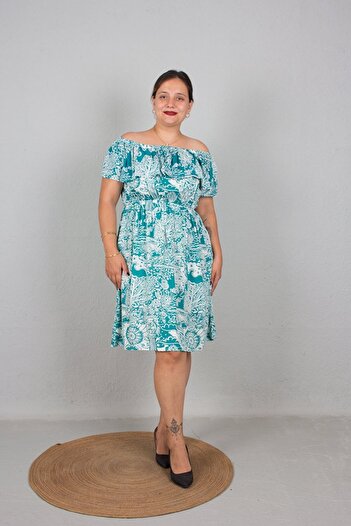 Truva XXL Turquoise Patterned - Large Size Women's Dress with Madonna Collar and Elastic Waist