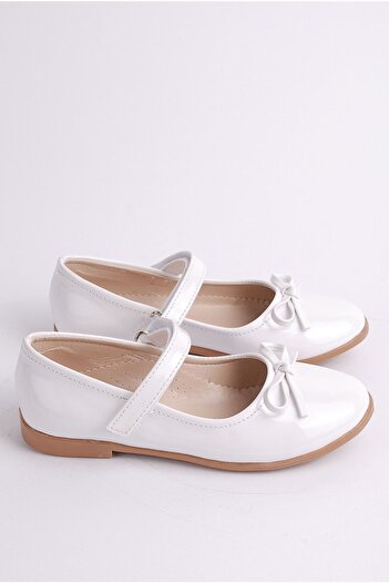 Rıdvan Çelik Bow Girls' Casual and Evening Dress Ballerina Shoes White Patent Leather