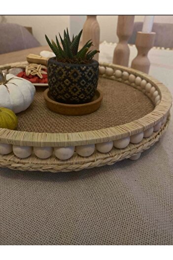 FN Wooden Beaded Natural Raffia Wicker Decorative Tray 29,5cm