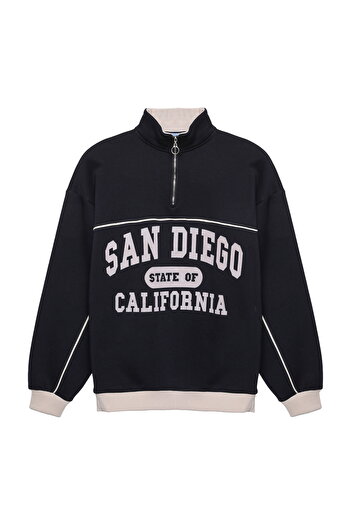Quzu Navy Blue Oversize Turtleneck Sweatshirt