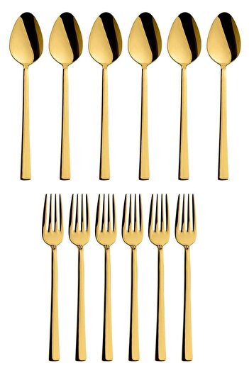 Kitchen Design Lab Parlak Gold Tatlı Çatal Ve Kaşık Seti - 12 Adet Kahvaltı Pasta Tatlı Çatal Kaşık Seti Kutulu Set