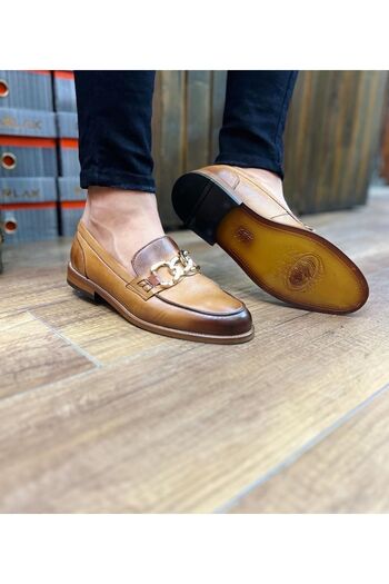 Parlak Tan Buckle Genuine Leather Men's Shoes