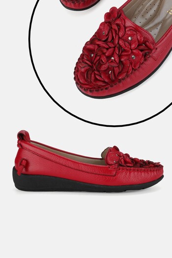TUNAELLİ Women's Red Genuine Natural Leather Daily Ballerina Shoes