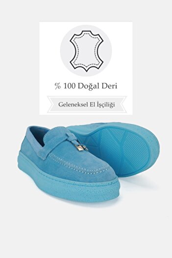 TUNAELLİ KADIN MAVİ HAKİKİ SÜET DERİ 36-41 NUMARA GÜNLÜK LOAFER AYAKKABI