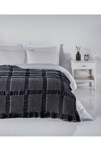 Denizli Concept Cuvertură de pat cu lățime de 230x250 cm cu vafe negre - 100% bumbac, fără călcat și țesut moale