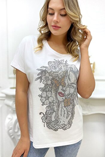 RICH GLAM Γυναικείο μπλουζάκι White Crew Neck Plus Size Crystal Stone βαμβακερό