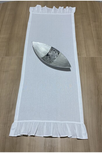 LILYUM 100% Cotton White Raw Linen Runner with Ruffled Edges 40X110 cm