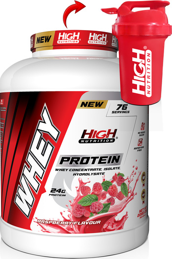 High Nutrition Raspberry Flavored Whey Protein - 2280 gr, 24 grams, 76 Serving Shakers Gift