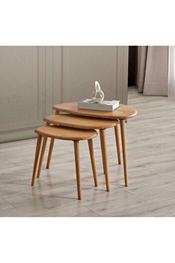 FAVdecor Masif Doğal Ahşap Zigon Sehpa 3'lü Set, Modern Masif Yan Sehpa