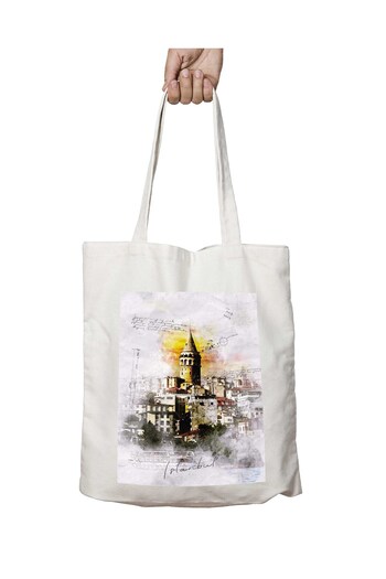 ART HEDİYE Istanbul City Two Sides Permanent Printed Washable Shoulder Tote Bag - Κατάλληλο για σχολείο και παραλία