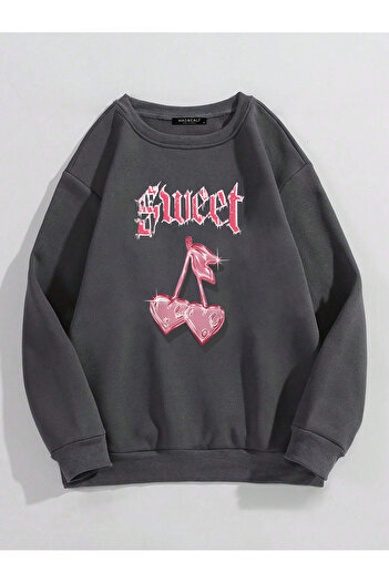 Mad&Calf Unisex Sweet Cherry Printed Oversize Sweatshirt - Fleece