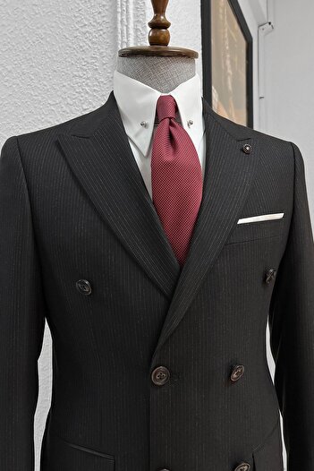 NAZEF Black Striped Double-breasted Wool Suit - Slim Fit