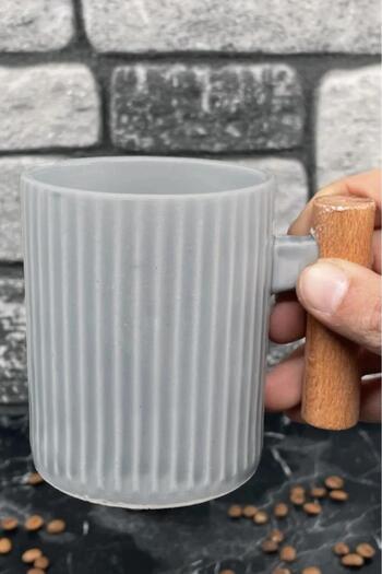 Tiesa Home Gray Ceramic Mug Cup - Wooden Handle, 225cc, 1 Piece