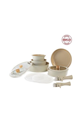 NEOFLAM Midas Beige 12-Piece (with Spare Handles) Detachable Handle Nesting Induction Pot Pan Set