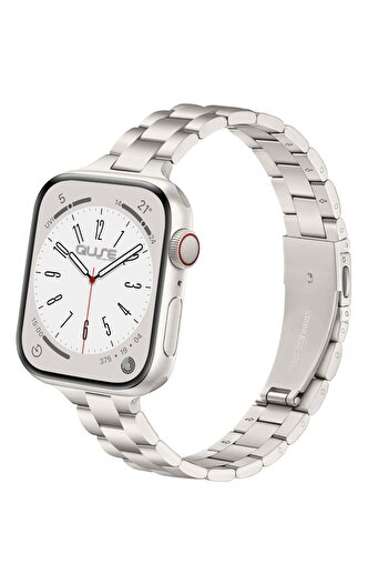 Quse Apple Watch SE/10/9/8/7/6/5/4/3 ile Uyumlu 42mm-41mm-40mm-38mm İnce Üç Bakla Çelik Kordon Starlight