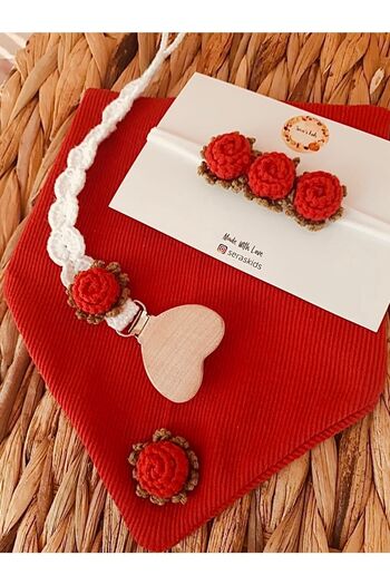serakids Baby Girl Red Rose Baby Hair Band, Pacifier Chain and Collar Set of 3