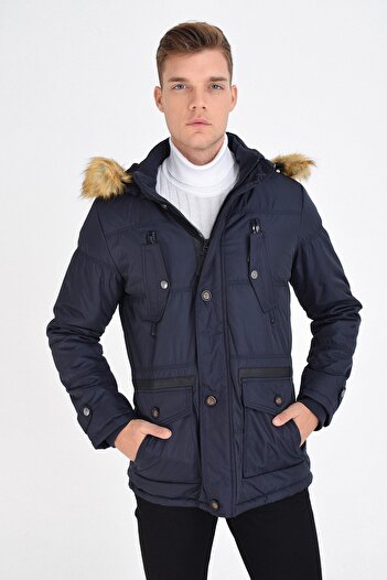 DYNAMO navy Blue Men's ThicK Coat 3090 - Waterproof, Hooded and Faux Fur Lined