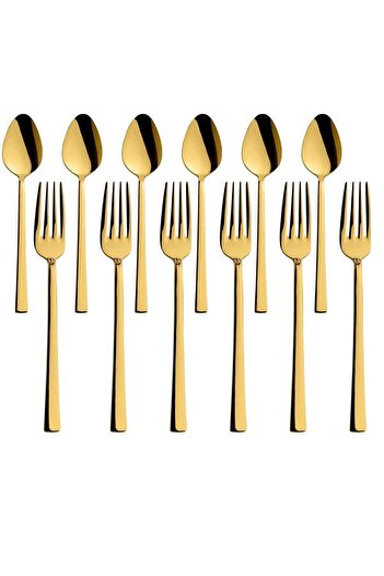Kitchen Design Lab Parlak Gold Tatlı Çatal Ve Kaşık Seti - 12 Adet Kahvaltı Pasta Tatlı Çatal Kaşık Seti Kutulu Set