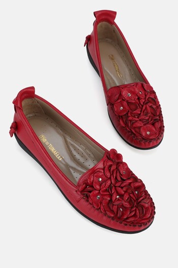TUNAELLİ Women's Red Genuine Natural Leather Daily Ballerina Shoes