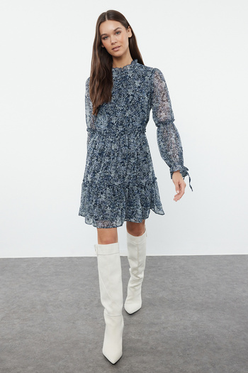 Trendyol Collection Rochie mini cu guler - albastru, căptușită și adunată, iarnă, țesut TWOAW20EL0345