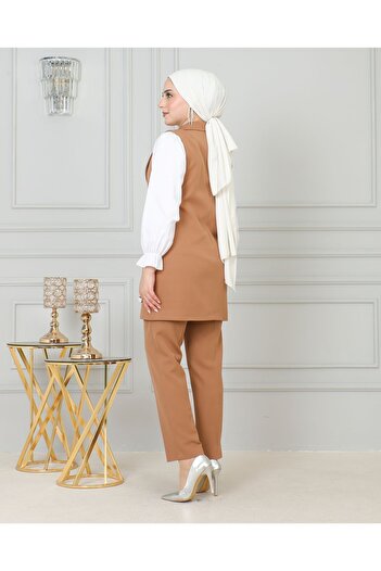 İSTANBUL GÜL Skinny Leg and Bibion Lined Sleeveless Suit - Mono Collar Single Flute