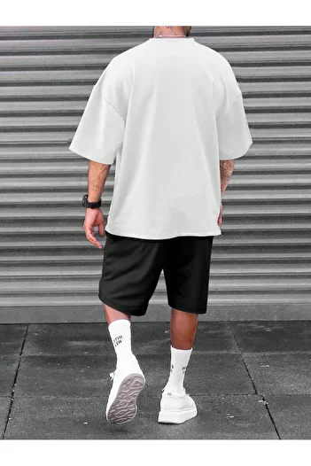 modaberry los Angeles PrinTed minimal T-Shirt and Shorts - WhiTe Black Crew Neck SeT