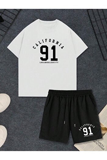 modaberry California 91 PrinTed T-Shirt and Shorts SeT - WhiTe Black Crew Neck