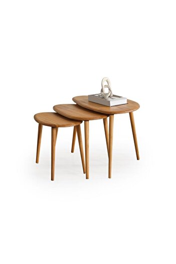 FAVdecor Masif Doğal Ahşap Zigon Sehpa 3'lü Set, Modern Masif Yan Sehpa