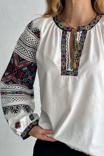 FEMELLE Prevailing Collar Tasseled Embroidered Authentic Cotton Women's Blouse