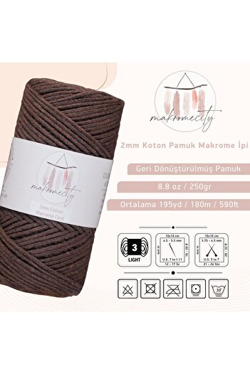 Makromecity Premium Koton Cotton Macrame Rope Bitter Brown 200 Gr 150 Meters 2mm Cotton Macrame Bag Rope Supla Rope