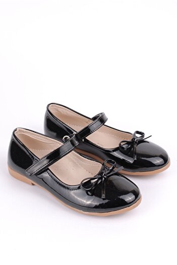 Rıdvan Çelik Bow Girls' Casual and Evening Dress Ballerina Shoes Black Patent Leather