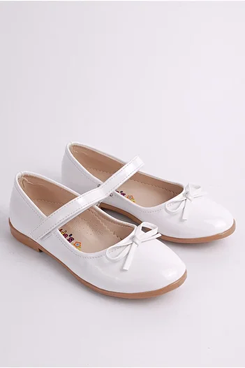 Rıdvan Çelik Bow Girls' Casual and Evening Dress Ballerina Shoes White Patent Leather