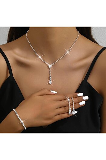 P Parla Minimalist Trendy Shining Rhinestone Copper Set - Long NecKlace, Earrings, Bracelet
