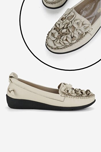 TUNAELLİ BeiGe Women's Ballerinas - Genuine Natural Leather, Casual Shoes