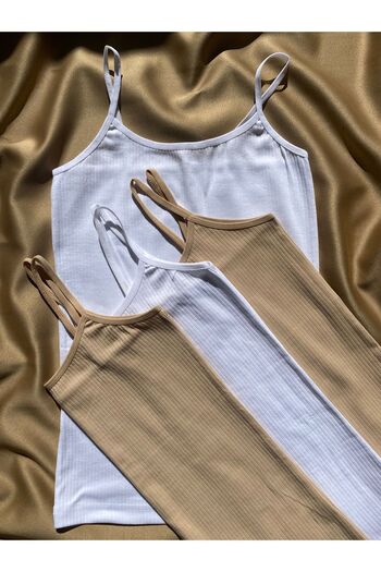 LEYNA BUTİK Corduroy, Cotton, Lycra, 4 Women's Rope Strap Ribbed Undershirt (2 Skin - 2 White)