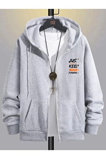 DEEPSENCE Erkek Gri Kışlık Kapişonlu Fermuarlı Sweatshirt Ceket