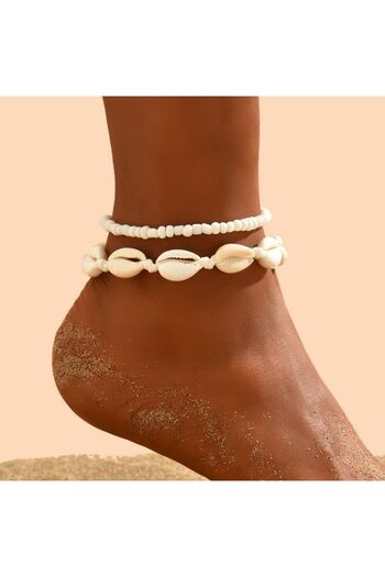 Major Butik Seashell Beaded Two Row Leather String Anklet Bracelet Cream