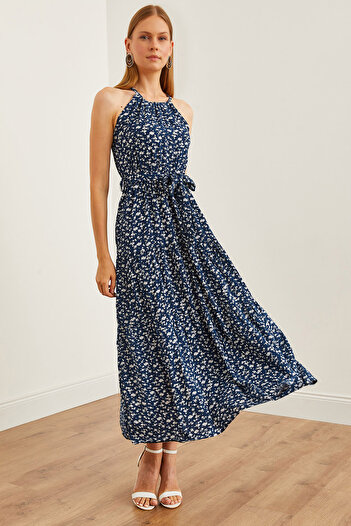 Olalook Navy Blue Floral Print Halter Neck Viscose Dress - Belted, ELB- 19001548