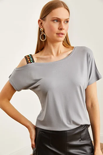 Olalook Gray Single Shoulder Ethnic Women's Blouse - BLZ- 19000194