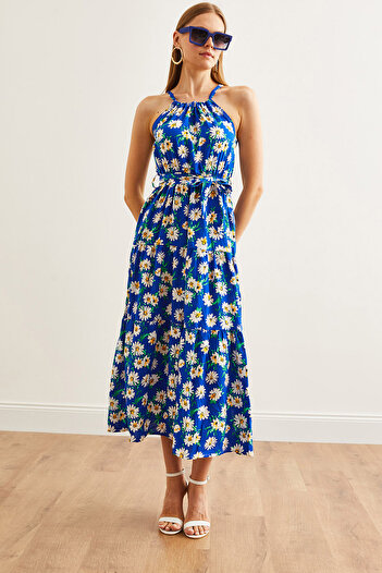Olalook Daisy Saks Blue Viscon Halter Neck Dress - Belted, ELB- 19001548