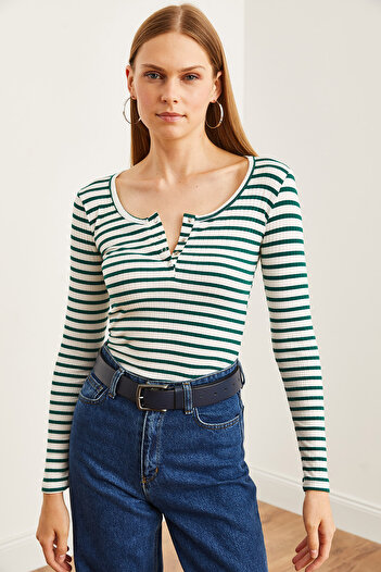 Olalook Emerald Green χοντρό κορδόνι καμισόλ μπλούζα - Placket, BLZ- 19000588