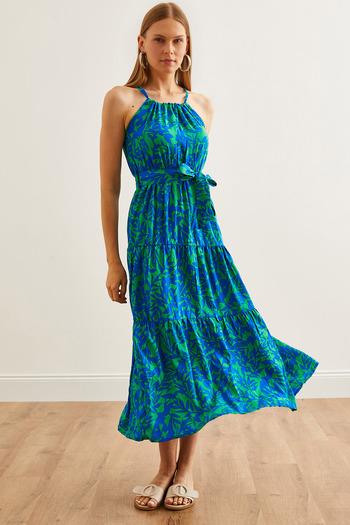 Olalook Green Saks Blue Viscose Halter Neck Dress - Belted, ELB- 19001548