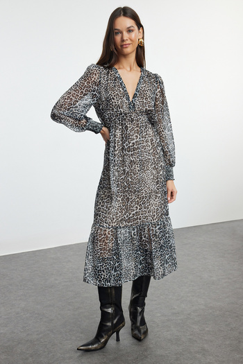 Trendyol Collection Leopard Print Φόρεμα Μίντι Σιφόν Καφέ - Ανοιγόμενο με γραμμή και μέση Twoaw24el00710