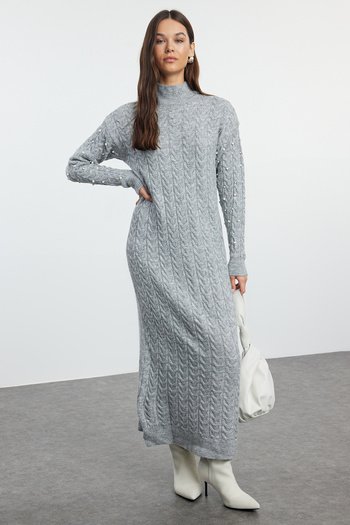 Trendyol Modest Hair Braided Gray Knitwear Dress - Pearl Accessory TCTAW25EB00047