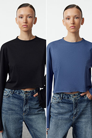 Trendyol Collection 2 db fekete és indigó spanyol ujjú kötött póló csomag 100% pamut - TWOAW25TS00003