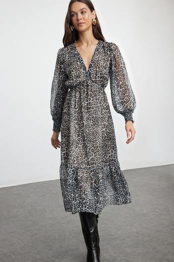 Trendyol Collection Leopard Print Φόρεμα Μίντι Σιφόν Καφέ - Ανοιγόμενο με γραμμή και μέση Twoaw24el00710