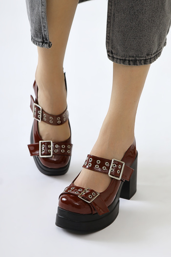 Limoya Marise Burgundy Patent Leather Oval Toe Platform Double Belt Accessory Women's Casual Shoes