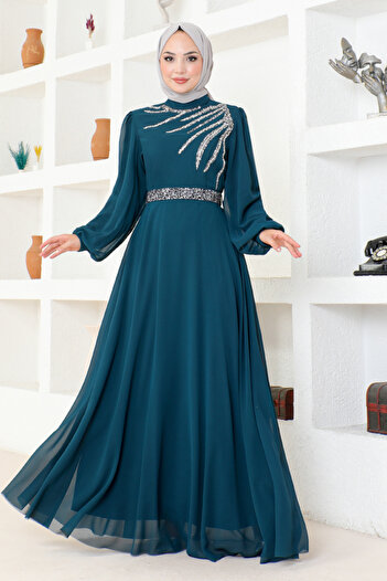 ModaMerve Petrol Color Stone Detailed Evening Dress LPN6025