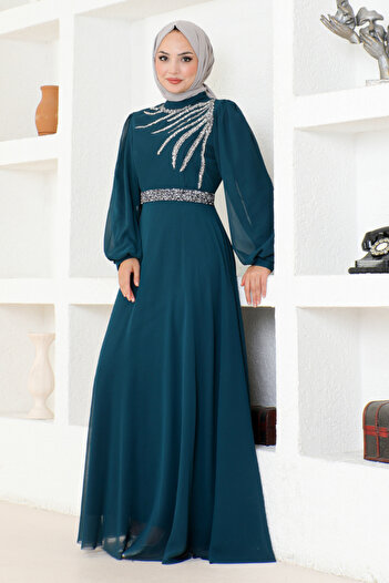 ModaMerve Petrol Color Stone Detailed Evening Dress LPN6025