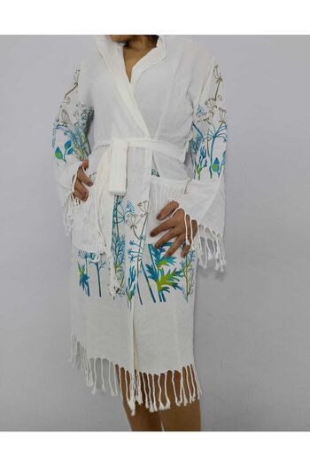 acartekstil Nevin Acar Blue Chicory Patterned Bamboo Peshtemal Bathrobe